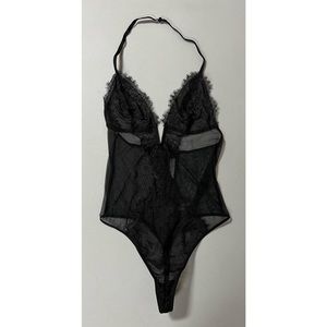 VS Black Floral Lace Halter V-Neck Teddy Onesie Bodysuit Bra Lingerie Size XS 🖤